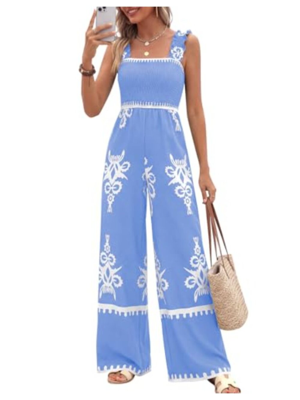 Womens Boho Wide Leg Jumpsuit Sleeveless Square Neck Smocked Romper Pockets